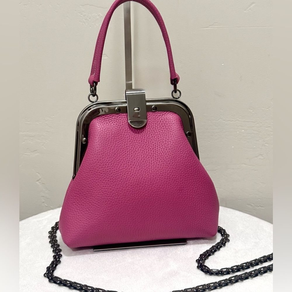 Pink Togo Calfskin Handmade Unique Rivet Frame Purse, Shoulder Bag, Crossbody